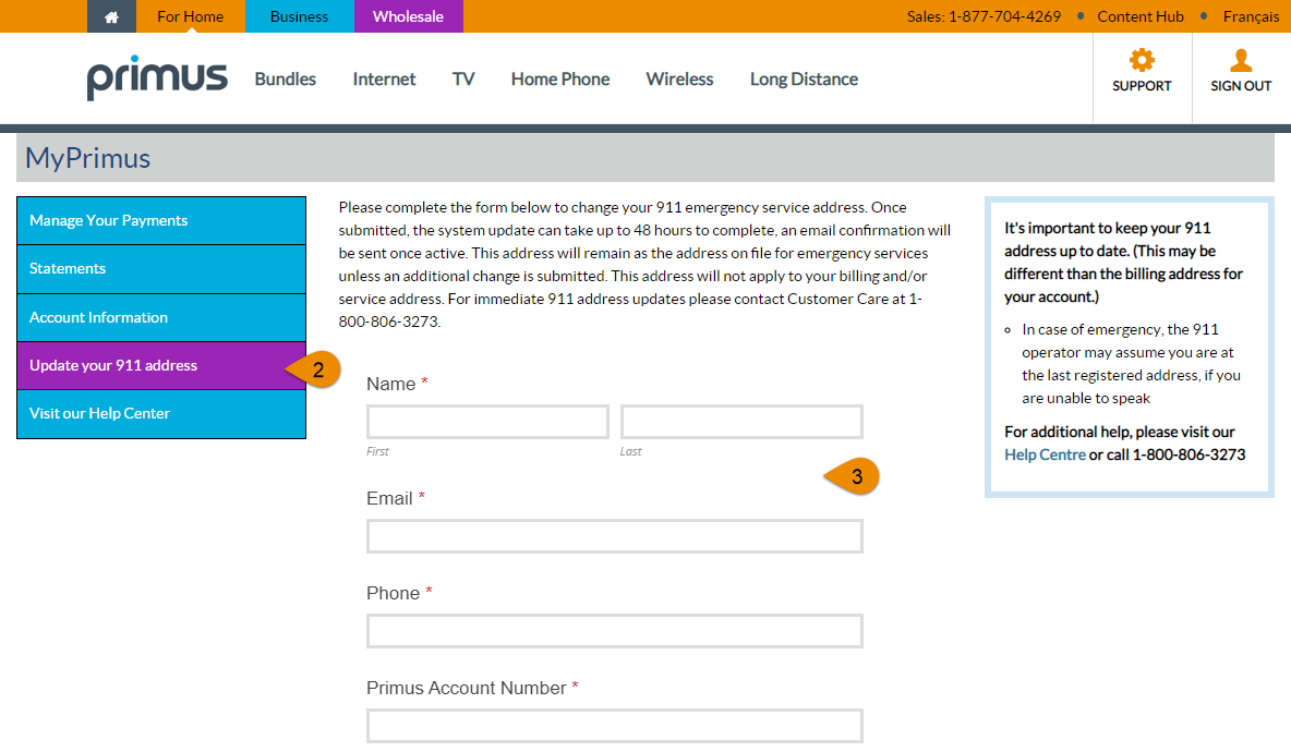 Contact information form with your name, email, phone, and Primus account number fields