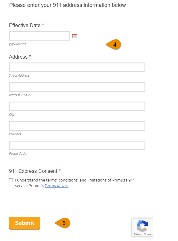 Contact information form with your address, effective date and submit button fields