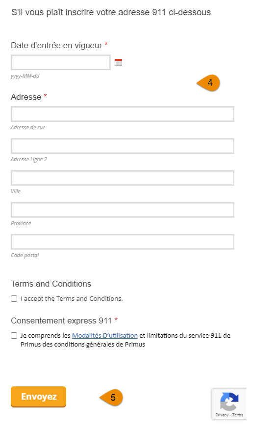 Formulaire d'informations de contact avec votre adresse, la date d'entrée en vigueur et les champs du bouton d'envoi